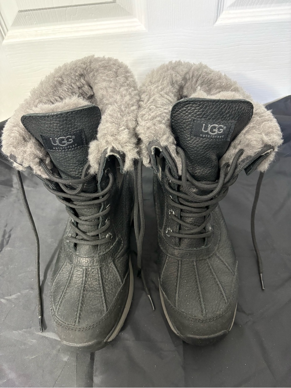 UGG Black Winter Lace-Up Boots with Gray Shearling Collar